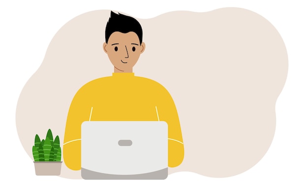 Un uomo sta lavorando o studiando su un portatile Freelancing o apprendimento a distanza e concetto di lavoro