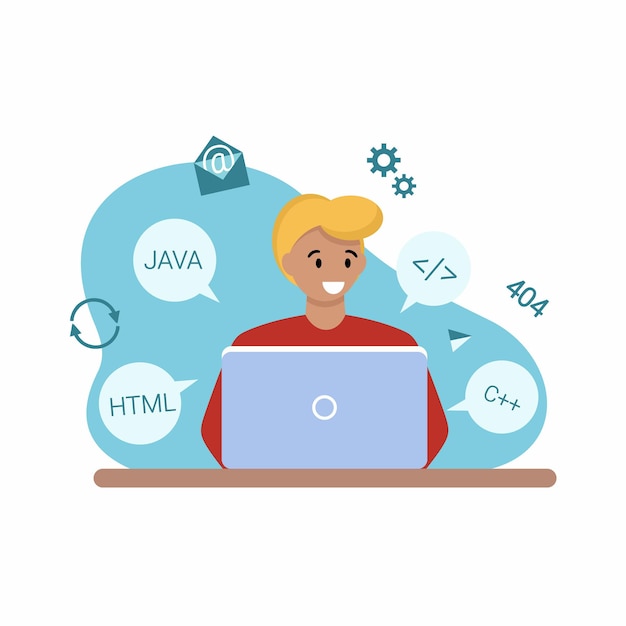 Un uomo sta lavorando su un laptop. Illustrazione vettoriale sul tema del freelance, ufficio a casa. Giornata del programmatore e del webmaster.