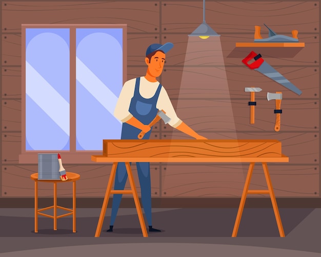 Un uomo sta lavorando su un pezzo di legno con un martello sul tavolo