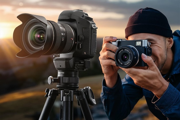 un uomo sta scattando una foto con una telecamera e una telecamera con una fotocamera