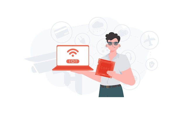 Un uomo tiene in mano un laptop e un chip del processore IOT e concetto di automazione Illustrazione vettoriale in stile piatto alla moda