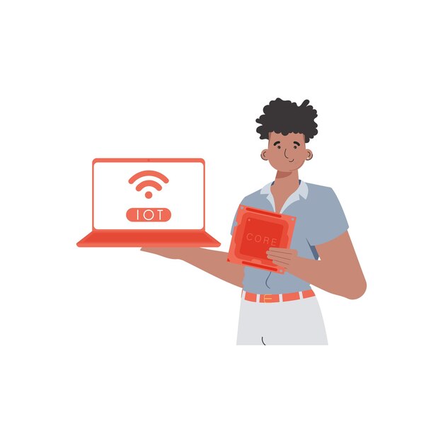 Un uomo tiene in mano un laptop e un chip del processore IOT e concetto di automazione Illustrazione vettoriale isolata in stile piatto