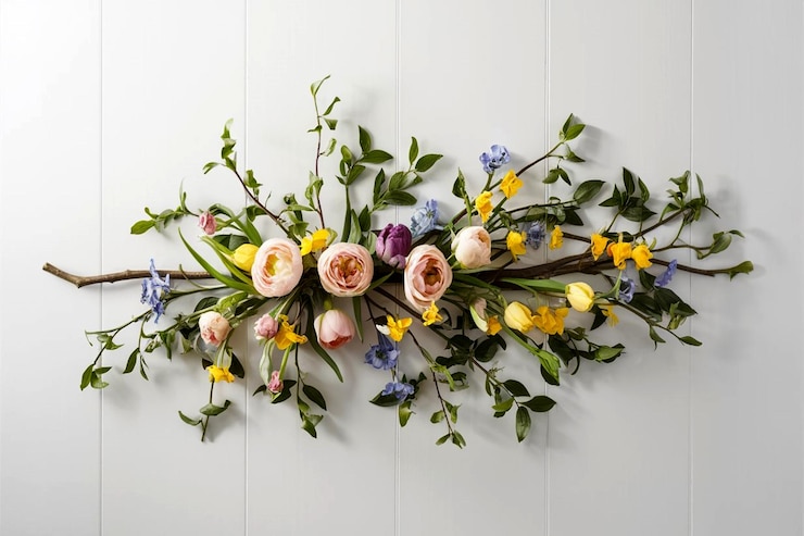 Vettore un vaso di fiori con un vaso bianco con fiori viola e gialli in esso