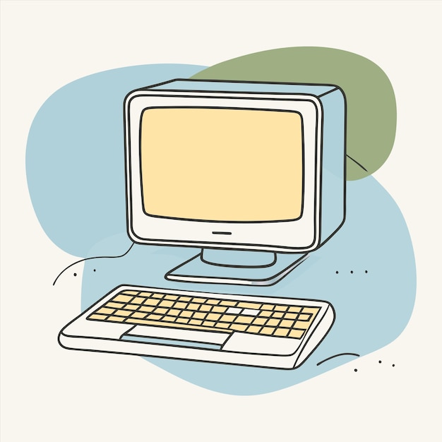 un vecchio computer con uno sfondo blu e un disegno di un monitor computer