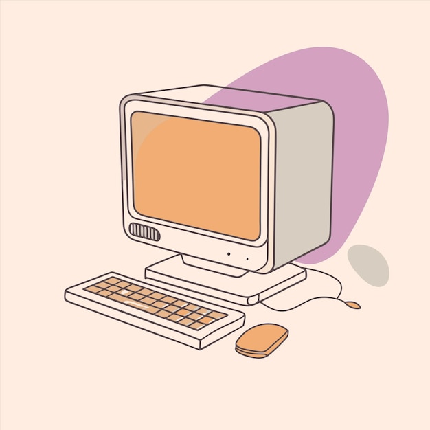 un vecchio computer con uno sfondo rosa e una tastiera bianca