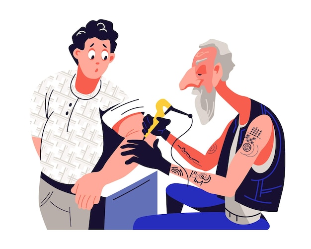 Un vecchio maestro esperto fa un tatuaggio per un principiante Il cliente è preoccupato per la procedura dolorosa Dipingere il corpo umano con una macchina ad ago Primo tatuaggio Illustrazione vettoriale a colori