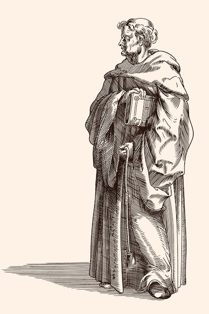Un vecchio monaco in una tonaca scura con una Bibbia in mano. Incisione medievale.