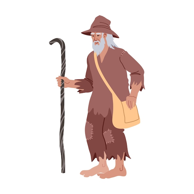 Un vecchio vagabondo che cammina con un bastone e una borsa da viaggio. Povero straccione.