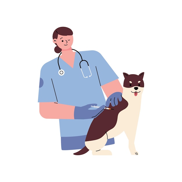 Un veterinario sta facendo un'iniezione a un cane malato. illustrazione vettoriale piatta.