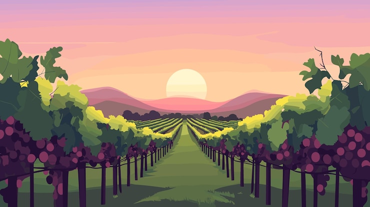 Vettore un vigneto lussureggiante al tramonto