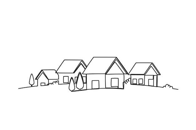 Un villaggio con alberi intorno Disegno a una linea del villaggio