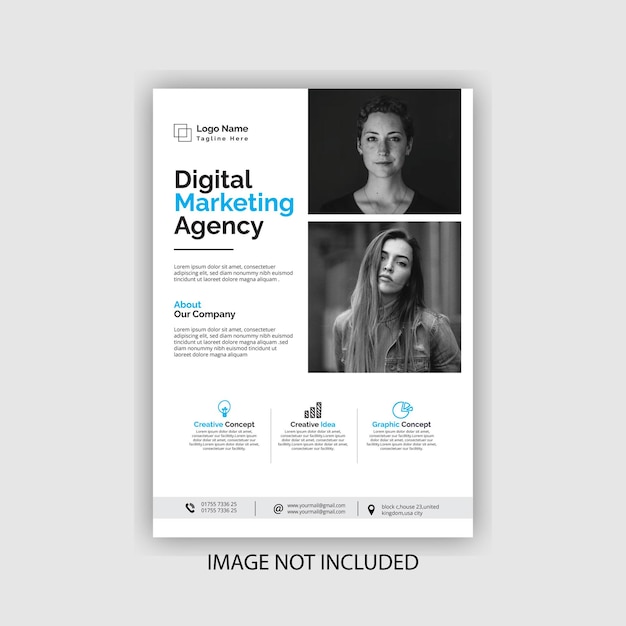 Un volantino per un'agenzia di marketing digitale con l'immagine di una ragazza in alto.