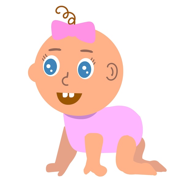 Una bambina carina vestita di rosa che striscia e sorride.