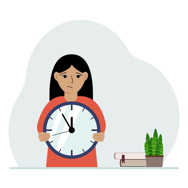 Una bambina tiene in mano un grande orologio Il concetto di organizzazione della pianificazione dello studio efficace dell'istruzione