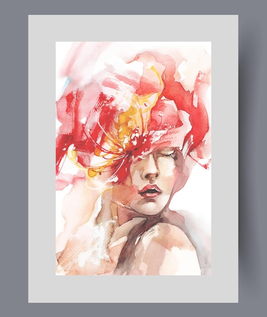 Una bella donna con un fiore in testa chiude appassionatamente gli occhi su un poster d'acquerello
