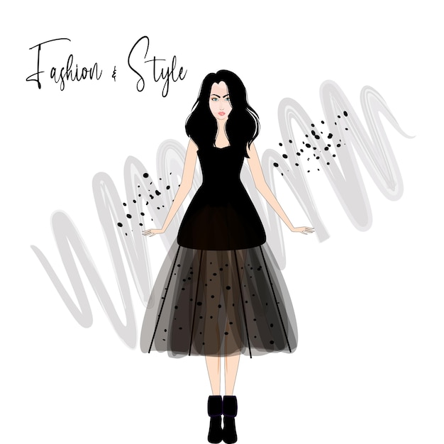 Una bella donna in abito nero eleganza Illustrazione di moda