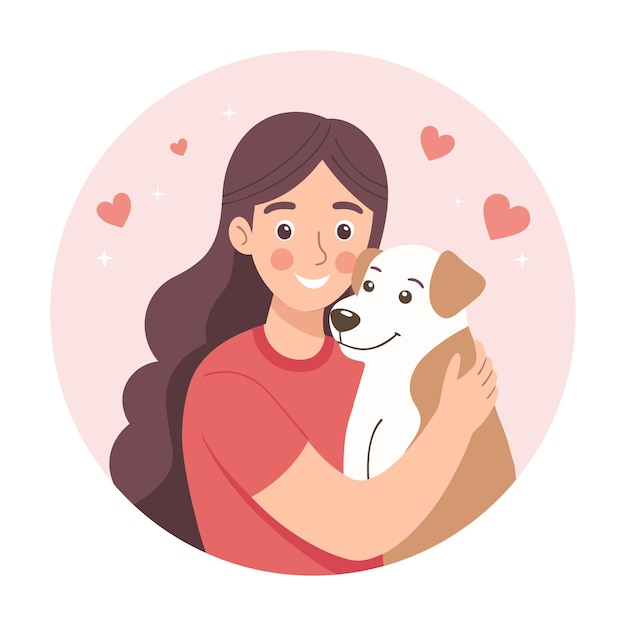 Una bella giovane donna abbraccia un cane proprietario di animali domestici amante del cane illustrazione in stile piatto