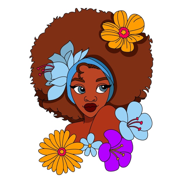 Una bella ragazza africana nera con trecce sbuffa l'acconciatura con alcuni fiori che colorano l'illustrazione