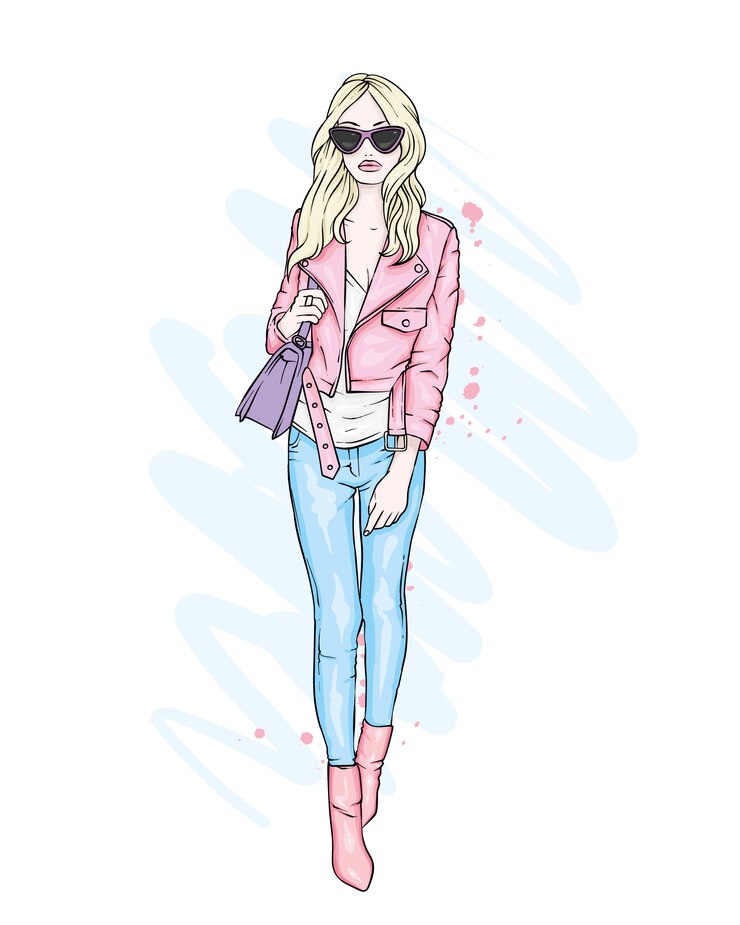 Vettore una bella ragazza in jeans, camicetta e scarpe col tacco alto. una donna alla moda con i capelli lunghi e una borsa. moda e stile, abbigliamento e accessori.