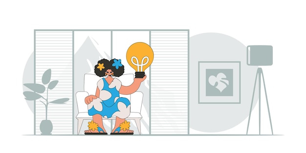 Una bella ragazza tiene in mano una lampadina Illustrazione sul tema dell'apparizione di un'idea