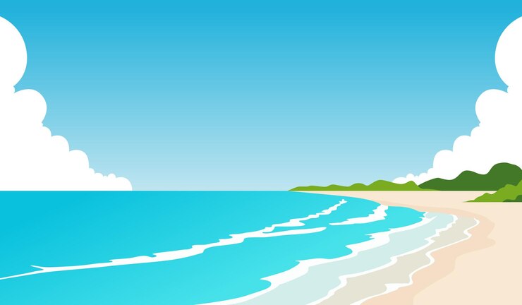 Una bellissima spiaggia con il cielo blu, l'oceano e le nuvole