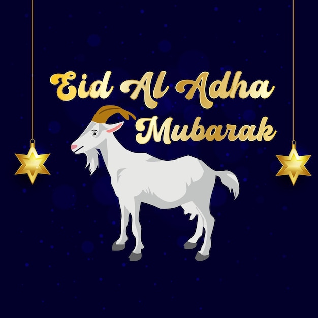 Una capra con sopra una capra è decorata con stelle d'oro e le parole eid al adha murak.