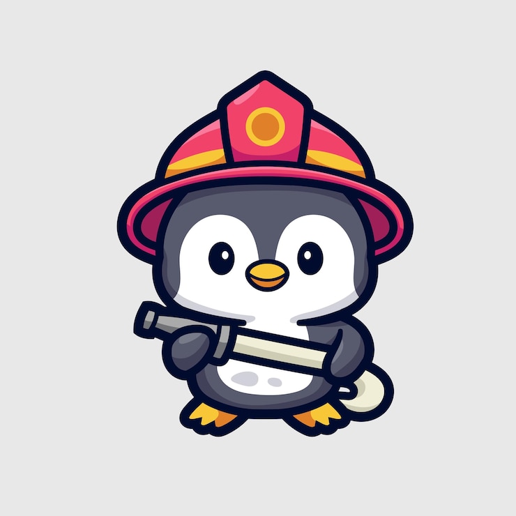 Vettore una caricatura del pinguino pompiere carino