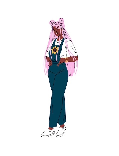 Una carina ragazza nera con trecce rosa indossa vestiti alla moda una felice giovane donna afroamericana in tuta di moda sorride un adolescente elegante sta ridendo un'illustrazione vettoriale isolata piatta su bianco