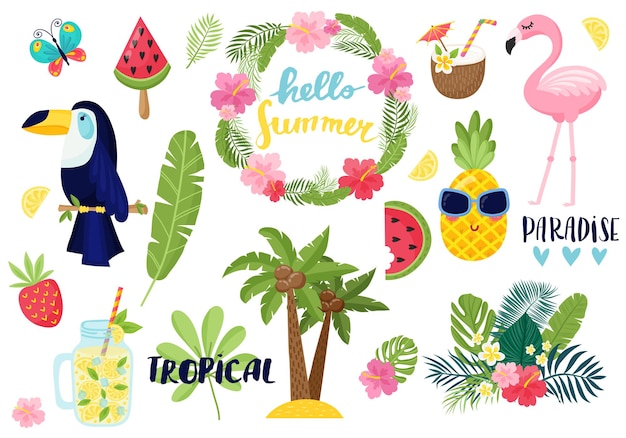 Una carta tropicale con foglie di palma e fiori esotici. Il design della giungla estiva è ideale per volantini, cartoline, etichette e design unici. Vettore