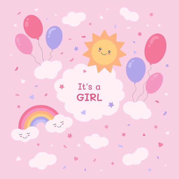 È una cartolina da ragazza per un baby shower con un simpatico sole e arcobaleno Sfondo rosa con nuvole