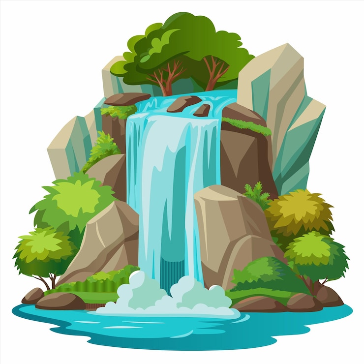 Vettore una cascata con alberi e una cascată su di essa