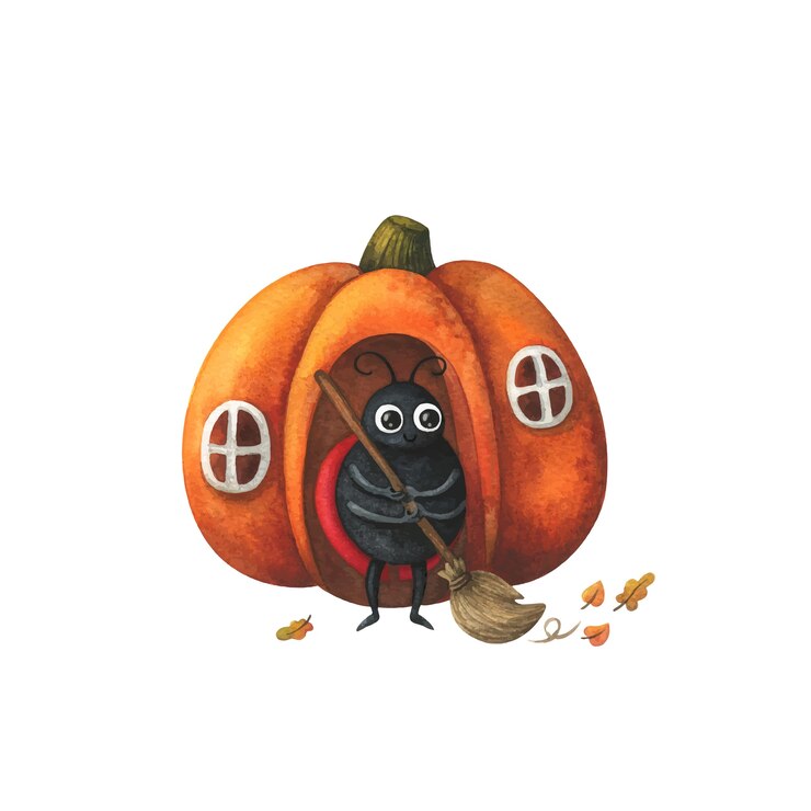 Una coccinella spazza le foglie cadute davanti alla casa. Illustrazione di autunno con una zucca