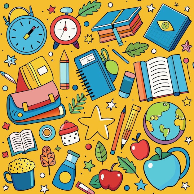 una collezione colorata di cose tra cui un orologio un orologi e un libro
