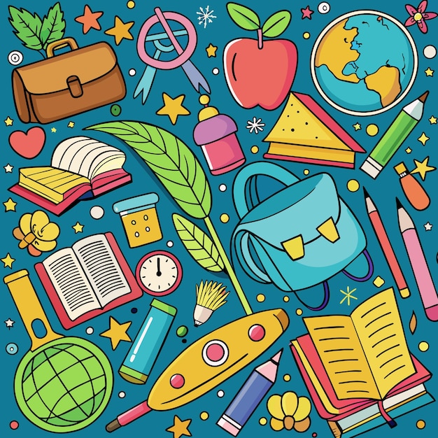 una collezione colorata di rifornimenti scolastici tra cui un libro con la parola scuola in fondo