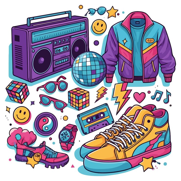 Una collezione colorata divertente 80s90s cuffie pattini a rotelle un Walkman lecca-lecca vettoriale