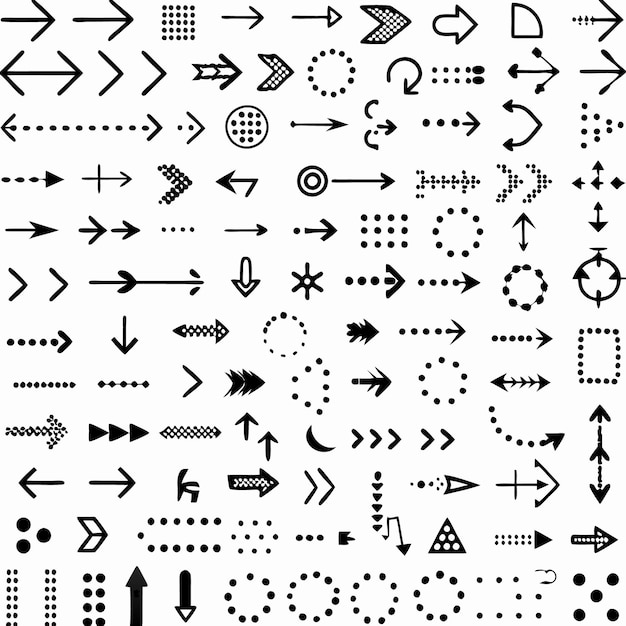 Una collezione di 48 frecce uniche disegnate a mano in nero su uno sfondo bianco