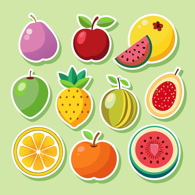 Una collezione di adesivi di frutta colorati con bordi bianchi con una mela verde una mela rossa una mela gialla un ananas un melone verde un melone giallo un frutto viola una guava un limone e un cocomero