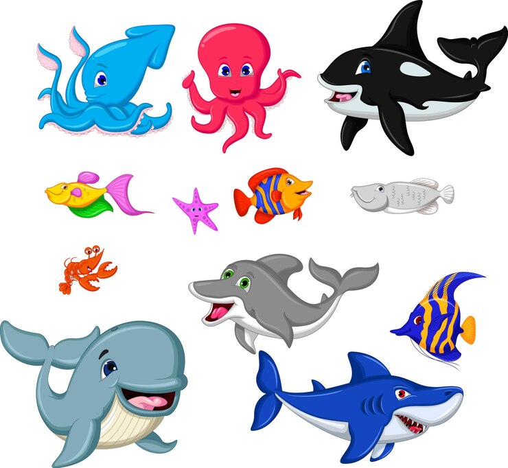 Una collezione di animali dei cartoni animati tra cui una balena, una balena, una balena, una balena, una balena e uno squalo.