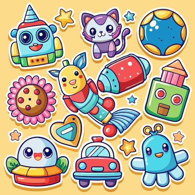 Una collezione di caricature con un robot, un gatto, una palla, un fiore, un razzo, una casa, un'auto, un alieno, un cuore e delle stelle.