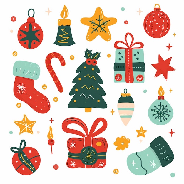una collezione di decorazioni natalizie tra cui Santa Santa e l'albero di Natale