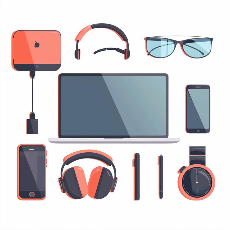 Vettore una collezione di gadget elettronici tra cui cuffie cuffie e occhiali da sole