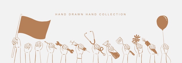 Una collezione di mano umana disegnata a mano tiene in mano diversi strumenti.
