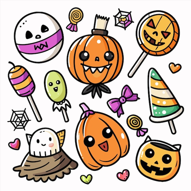 una collezione di oggetti di Halloween tra cui zucche caramelle caramelle e una caramella