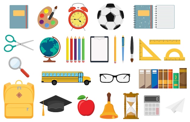 Una collezione di oggetti scolastici, icone e simboli che rappresentano vari temi accademici