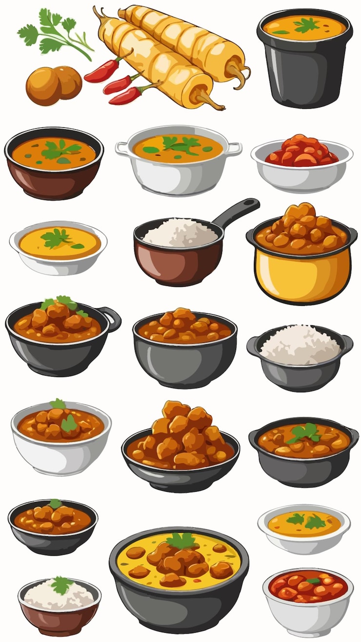 Vettore una collezione di piatti al curry, disegni animati, opere d'arte e illustrazioni vettoriali