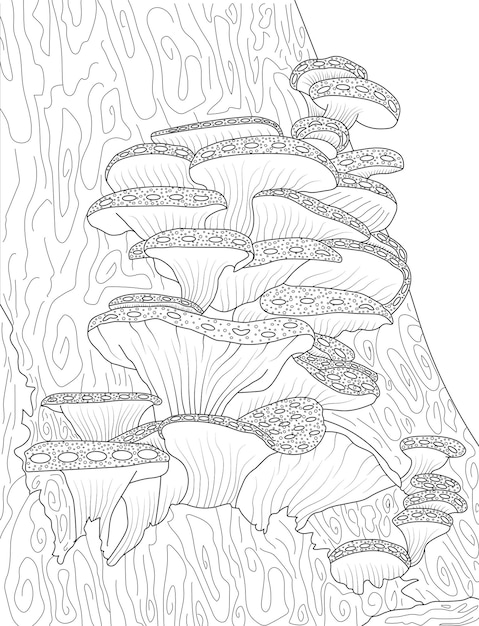 Una collezione di simpatici funghi ostrica fantasia da colorare pagina linea arte con albero astratto