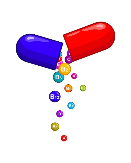 Una compressa con un complesso di vitamine una pillola da cui cadono palle di vitamine A B C e altre