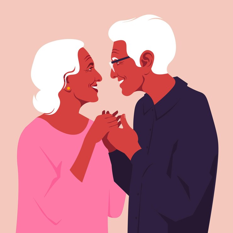 Vettore una coppia anziana felice che si tiene per mano e si guarda l'un l'altro illustrazione piatta vettoriale