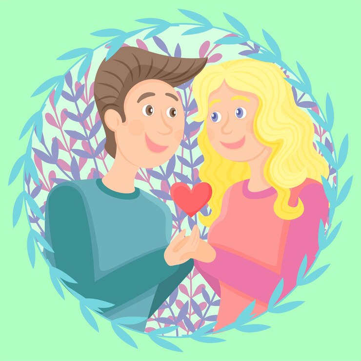 Vettore una coppia carina di amanti si guardano negli occhi ornamento floreale illustrazione vettoriale
