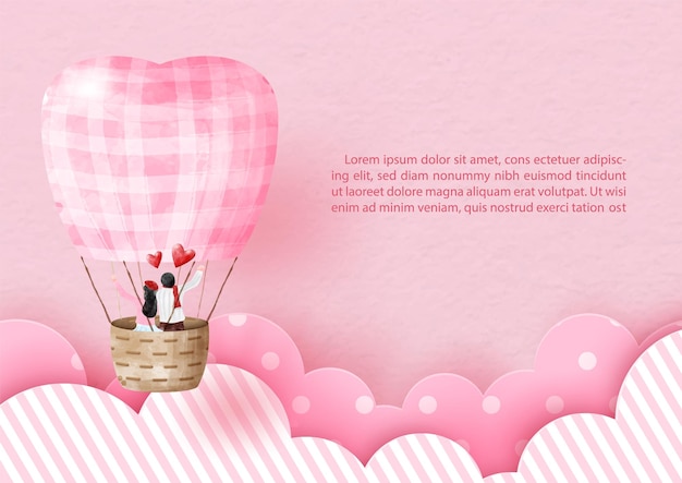 Una coppia che vola sulle nuvole in stile carta tagliata con mongolfiera rosa in stile acquerelli e testi di esempio su sfondo modello carta rosa Cartolina d'auguri di San Valentino nel disegno vettoriale